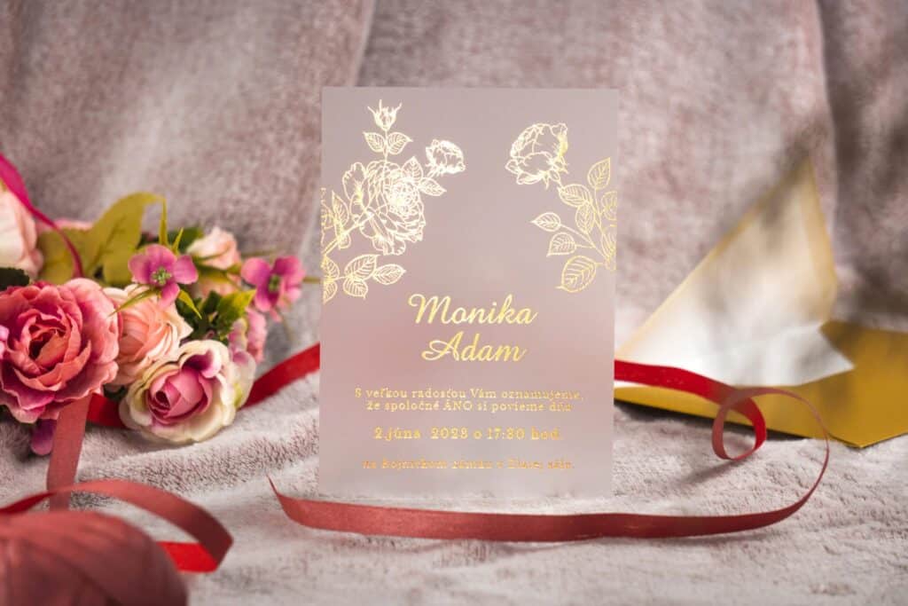 transparentné svadobné oznámenie kvety